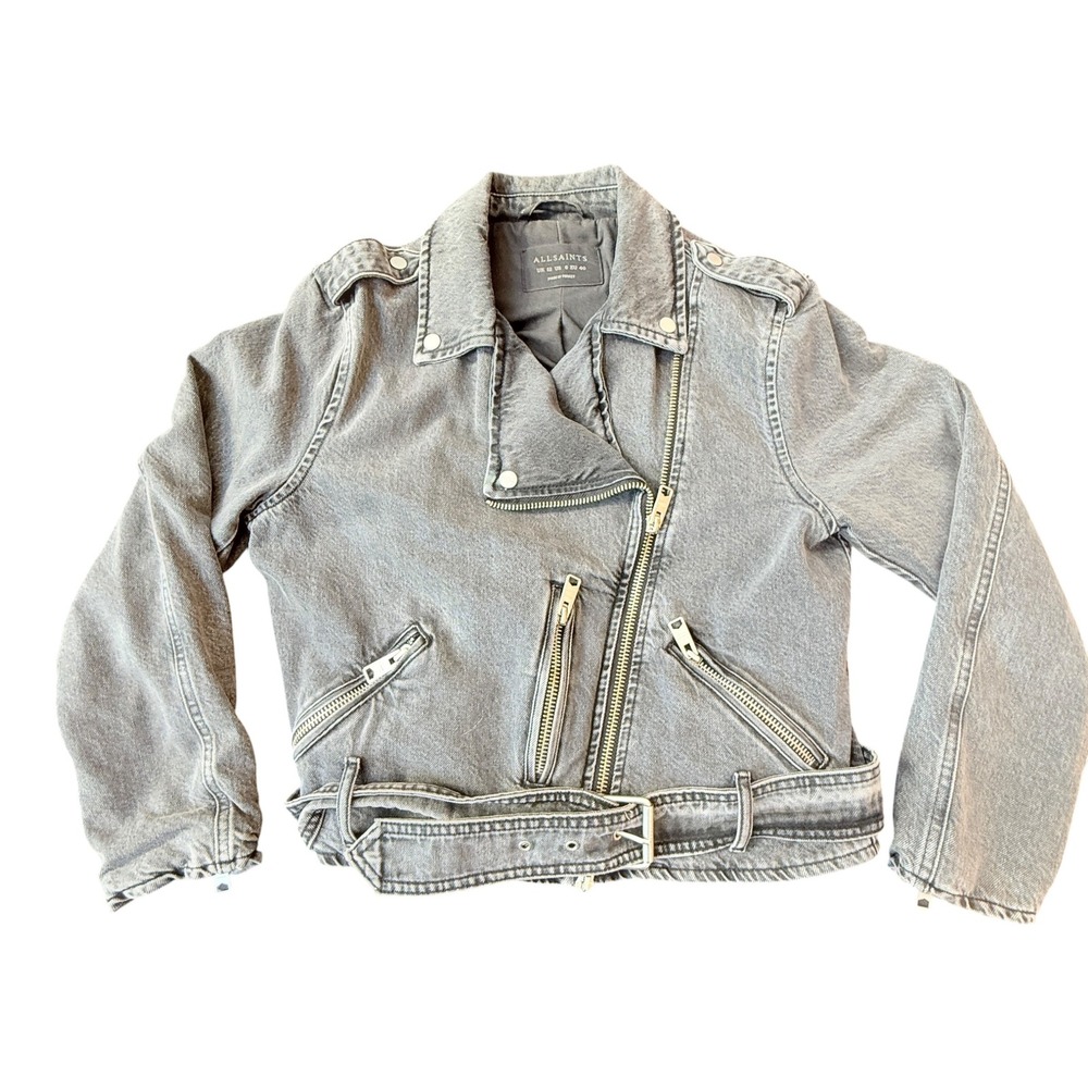 All Saints Denim Moto Jacket Women 8 Faded Black Belted Biker Asymmetrical Zip - Picture 3 of 14